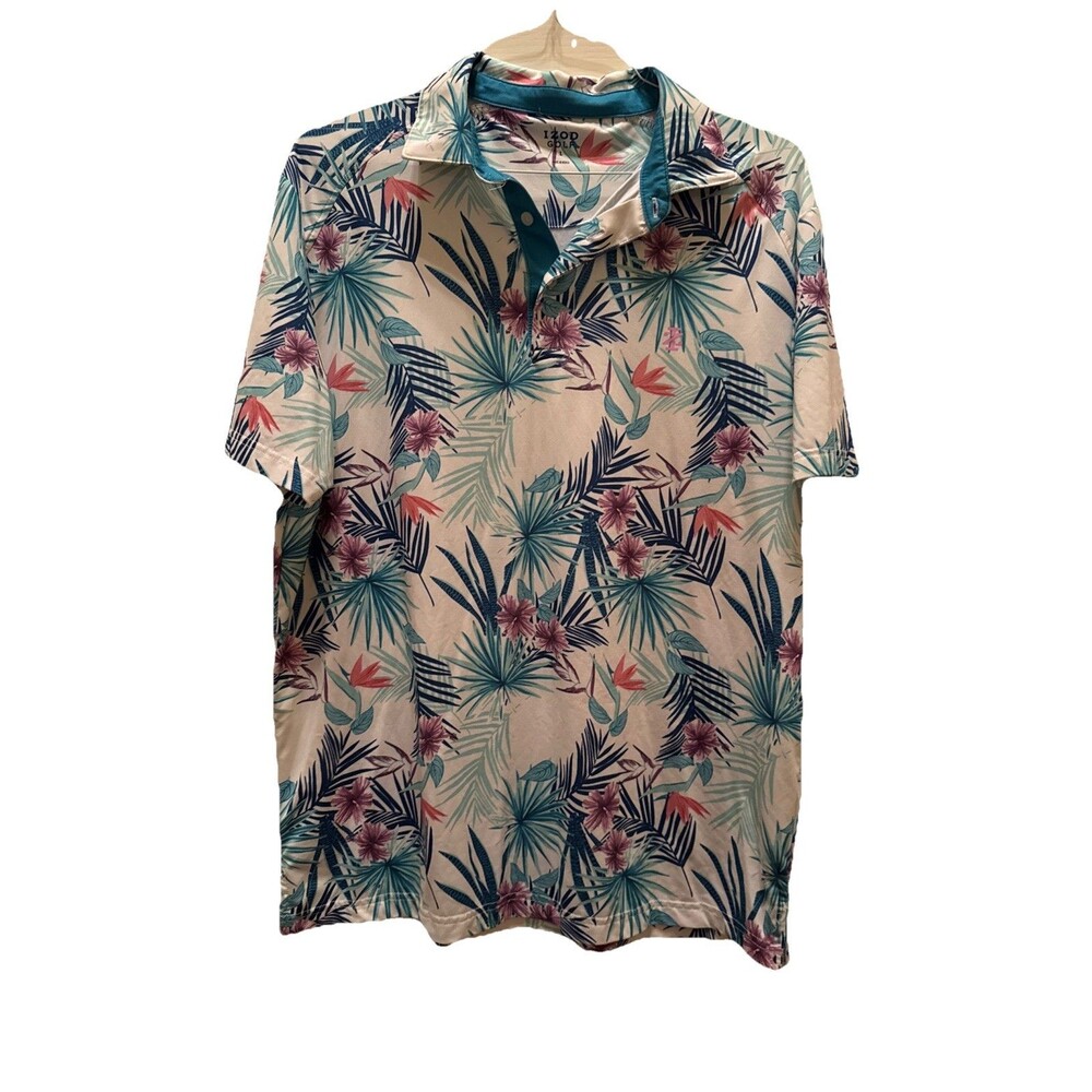 Izod Golf Stretch Floral Print Short Sleeve Polo Shirt Men's Large Preppy